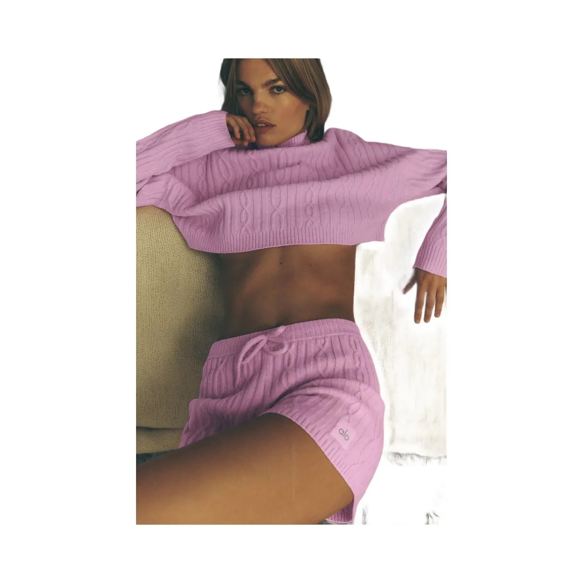 Alo Women's Cable Knit Winter Bliss Short - Candy Heart Pink - HypeFly India View 5
