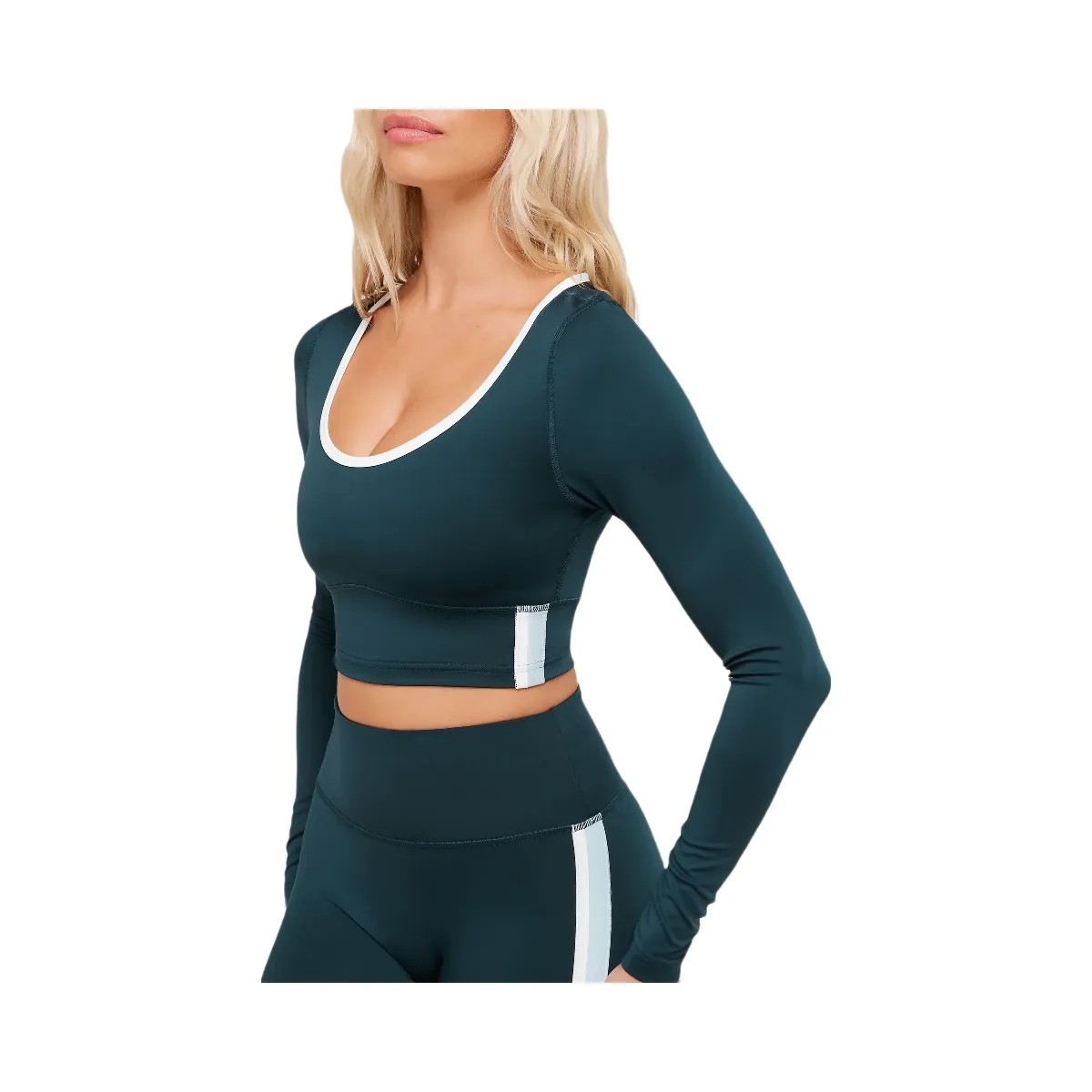 Gymshark Piping Long Sleeve Crop Top - Deep Petrol Blue/Smoke Blue/Soft White - HypeFly India View 5