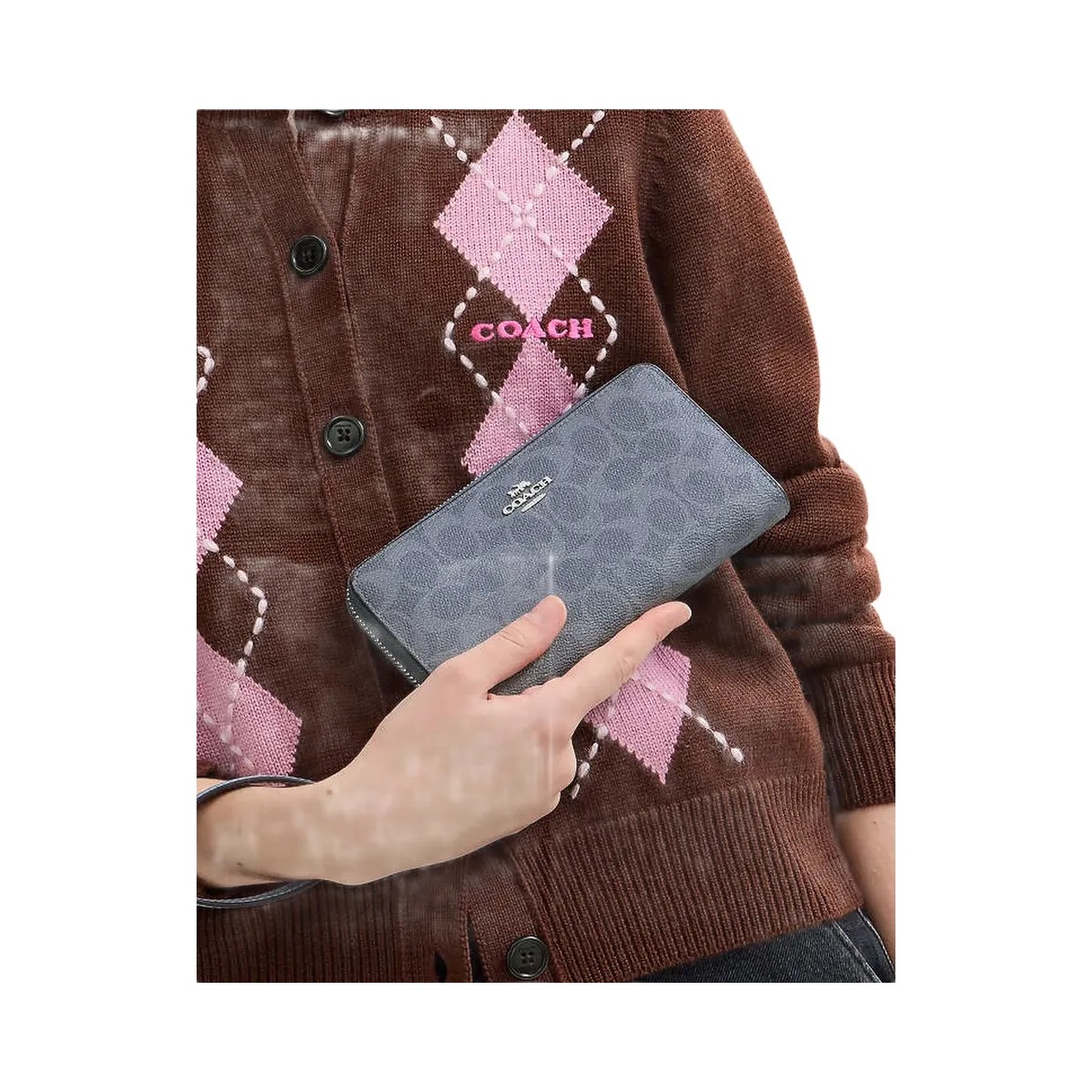 Coach Long Zip Around Wallet In Signature Canvas Signature Canvas-Silver-Chambray - HypeFly India View 3