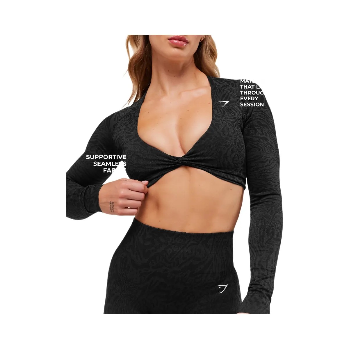 Gymshark Adapt Animal Long Sleeve Crop Top - Black/Asphalt Grey - HypeFly India View 5