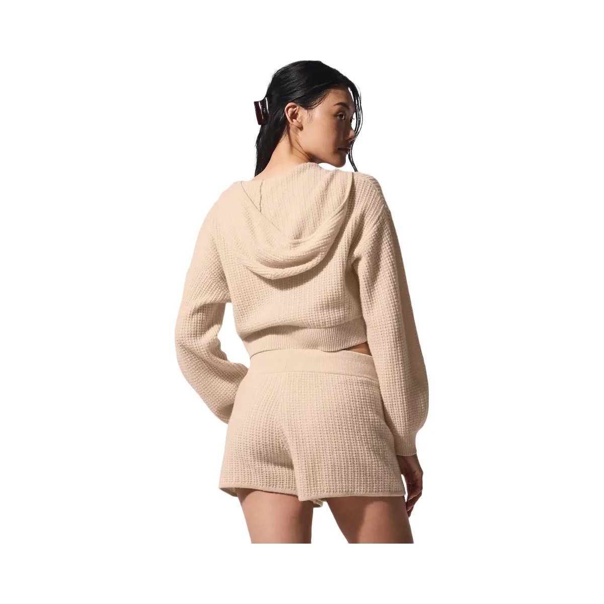 Alo Women's Cashmere Plush Waffle Full Zip Hoodie - Macadamia Blush - HypeFly India View 4