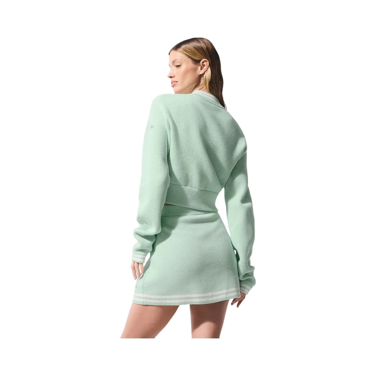 Alo Women's Tennis Club Sweater Knit Full Zip Jacket - Spearmint/White - HypeFly India View 3