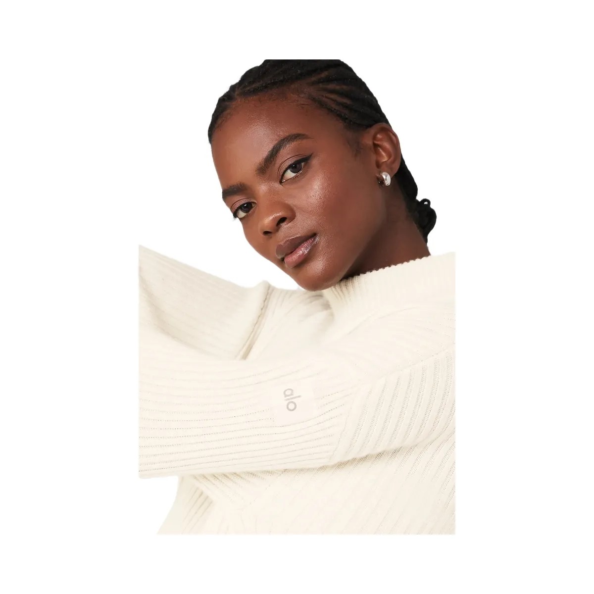 Alo Women's Cashmere Ribbed Winter Dream Mock Neck Coverup - Ivory - HypeFly India View 4