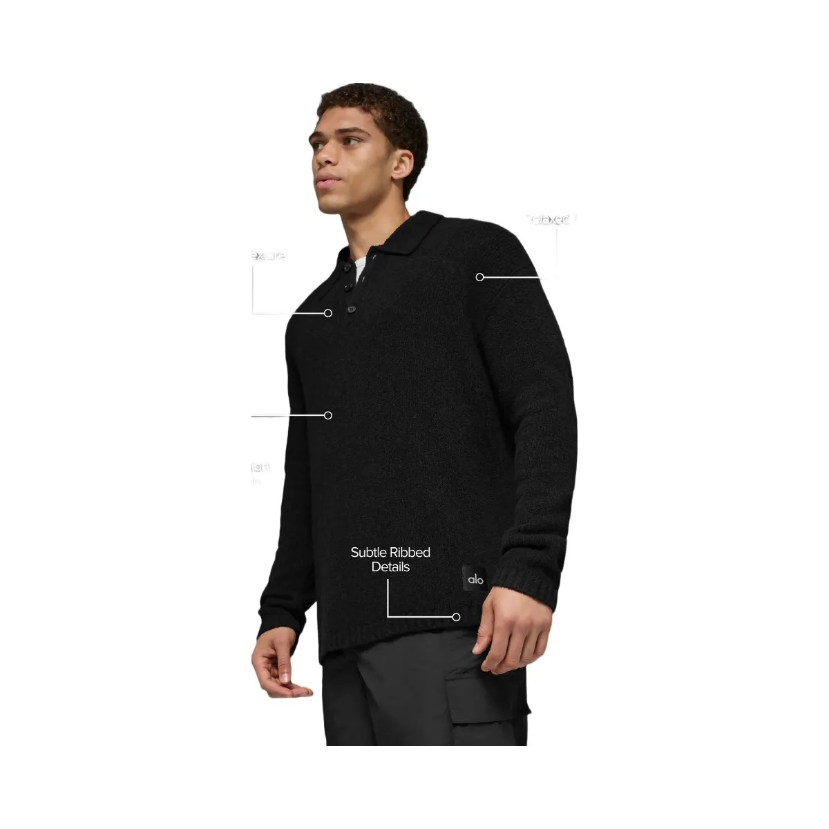 Alo Men's Textured Knit Long Sleeve Polo - Black - HypeFly India View 2