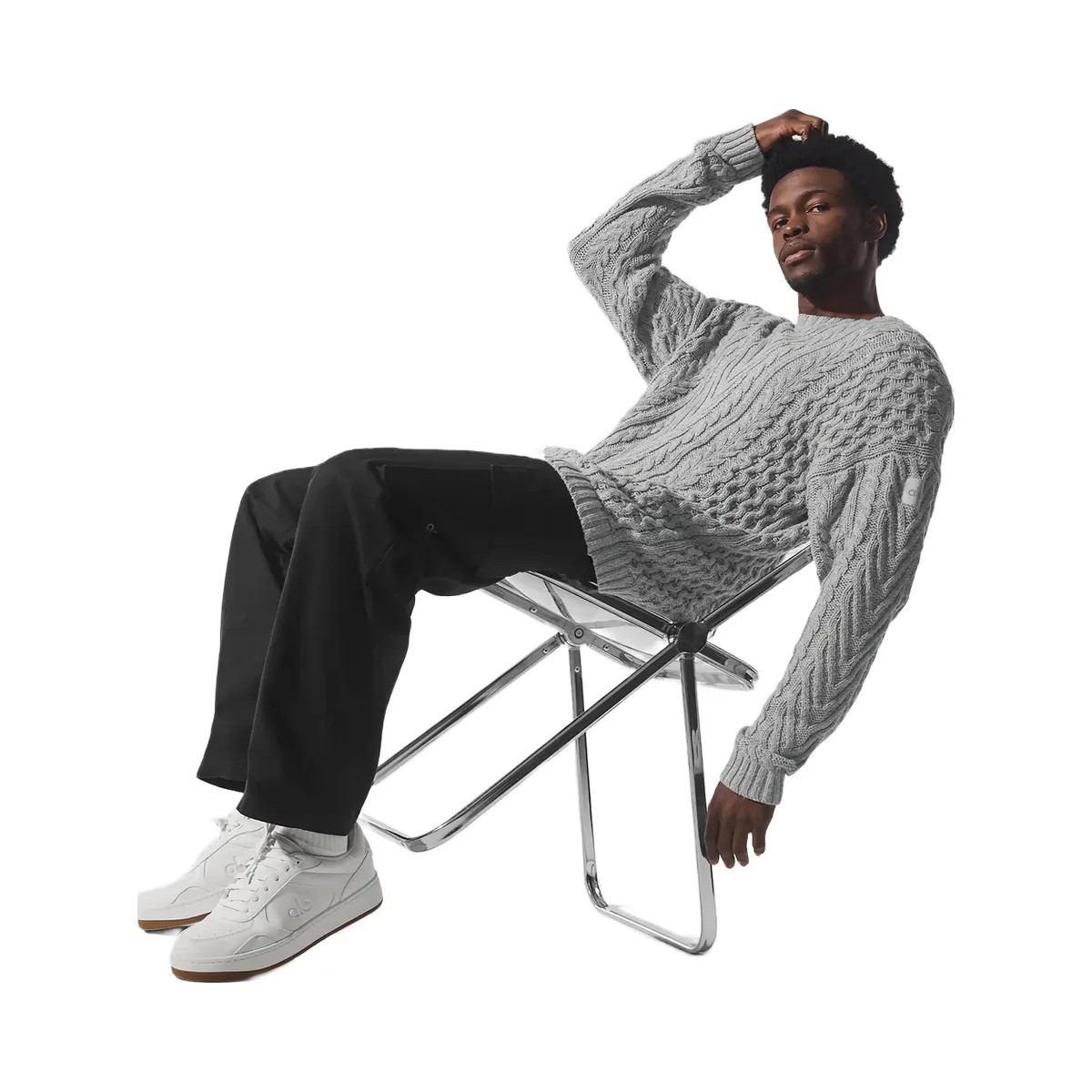 Alo Men's Cable Knit Crew Neck Sweater - Athletic Heather Grey - HypeFly India View 4