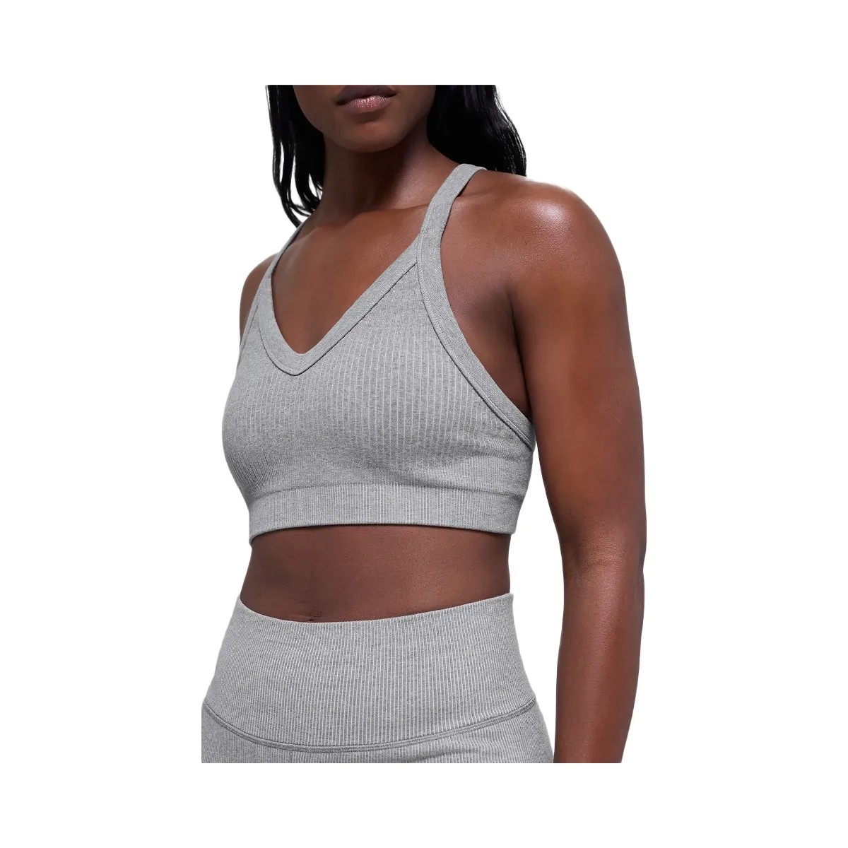 Alo Women's Seamless Two Tone Rib Bra - Light Misty Grey Heather - HypeFly India View 3