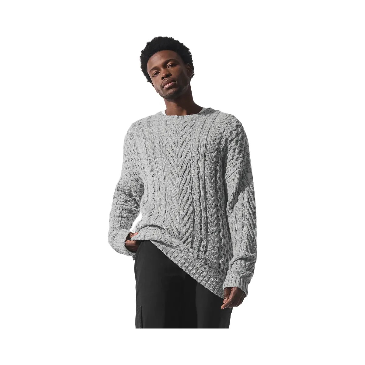 Alo Men's Cable Knit Crew Neck Sweater - Athletic Heather Grey - HypeFly India View 1