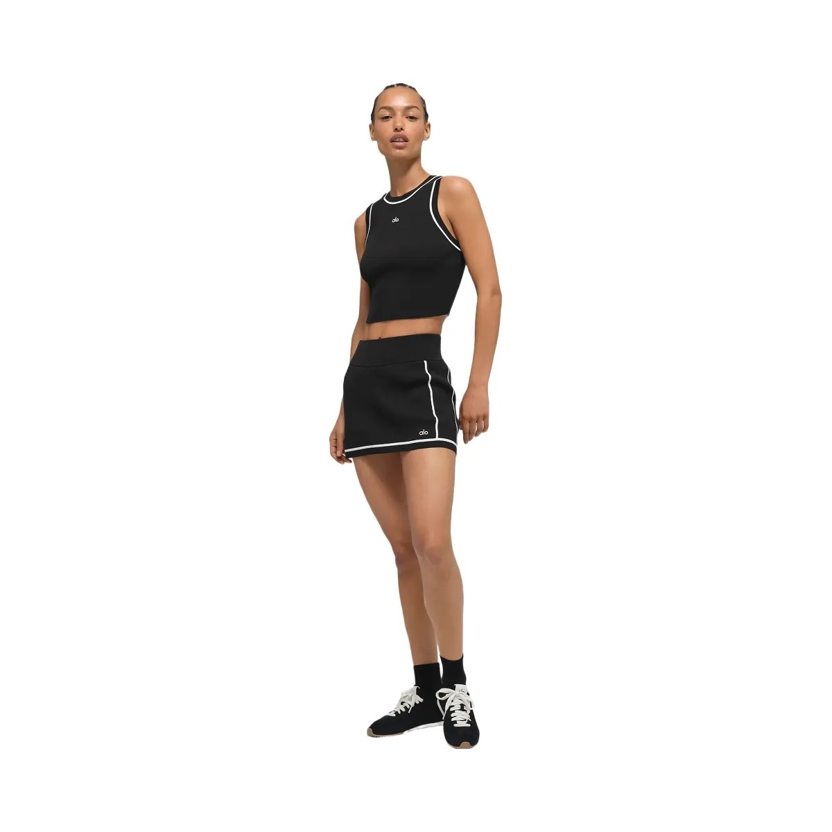 Alo Women's Ribbed Sweater Knit Highline Mini Skirt - Black/White - HypeFly India View 2