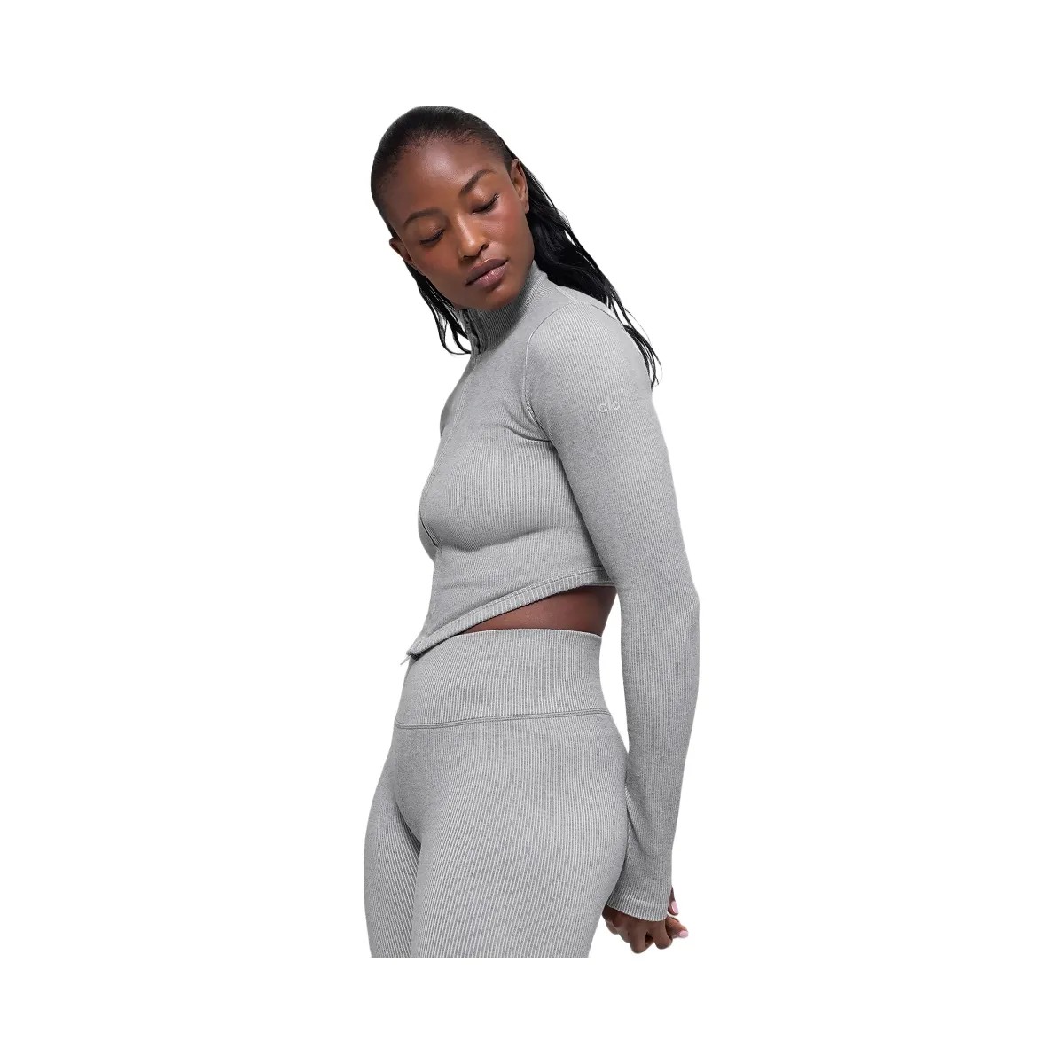 Alo Women's Seamless Two Tone Rib Jacket - Light Misty Grey Heather - HypeFly India View 4