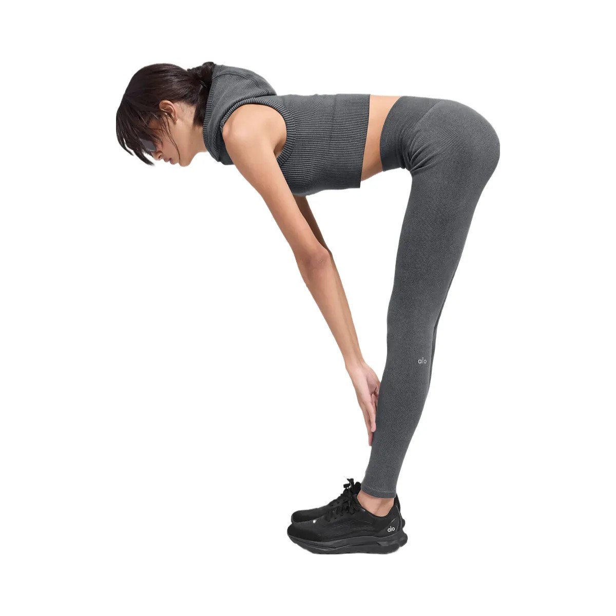 Alo Women's Seamless High-Waist Two Tone Rib Legging - Dark Misty Grey Heather - HypeFly India View 4