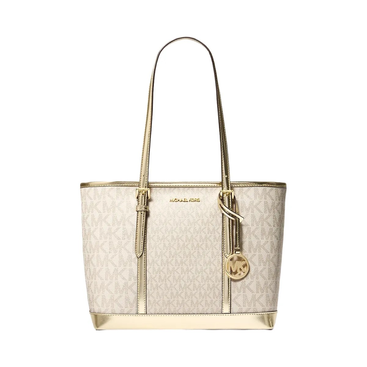 Michael Kors Jet Set Travel Small Metallic Logo Top-Zip Tote Bag Pale Gold - HypeFly India View 1