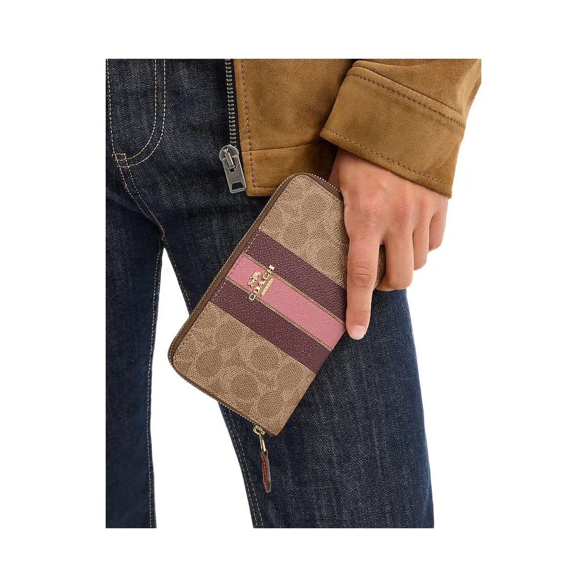 Coach Medium Id Zip Wallet In Signature Canvas With Varsity Stripe Gold-Tan Multi - HypeFly India View 2