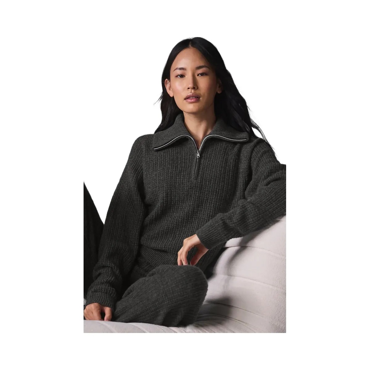 Alo Women's Cashmere Plush Waffle 1/4 Zip Pullover - Dark Heather Grey - HypeFly India View 4