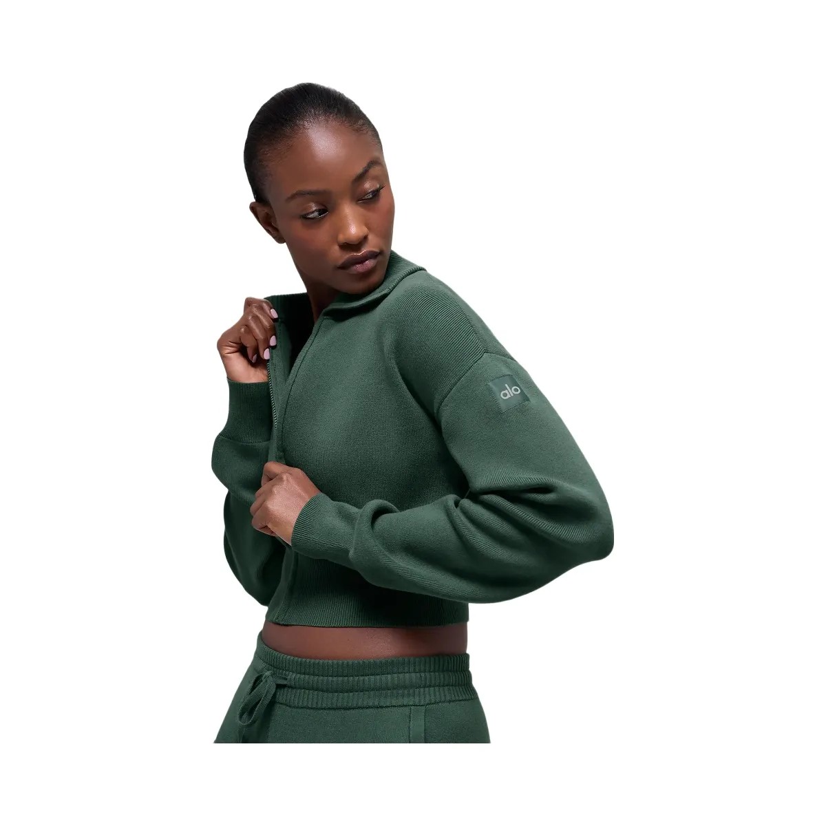 Alo Women's Scholar Knit Cropped Full Zip Jacket - Clover Green - HypeFly India View 2