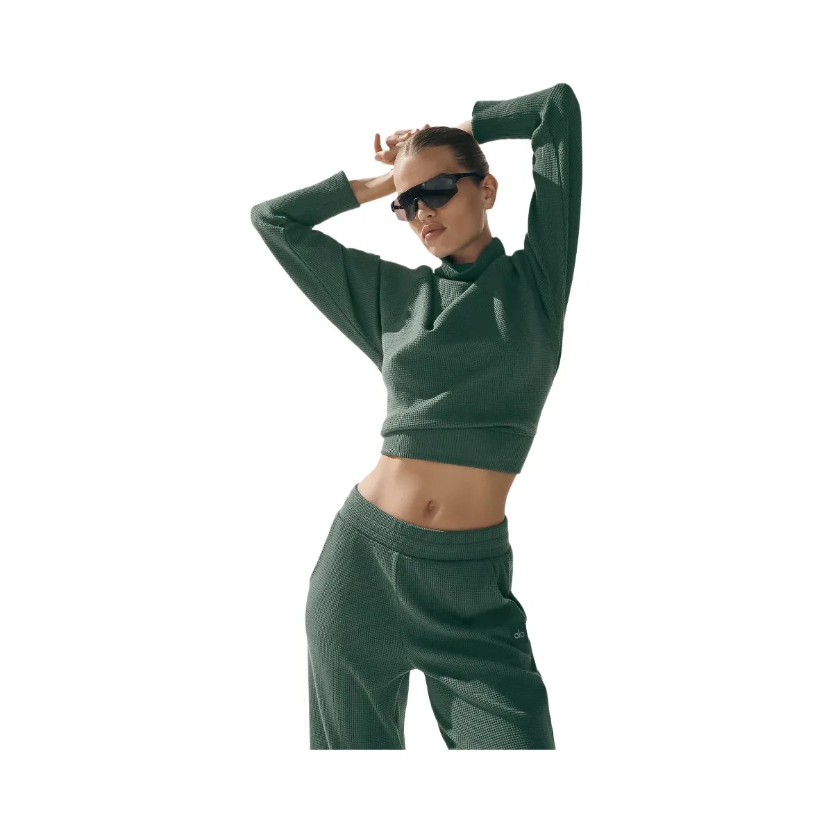 Alo Women's Waffle Weekend Escape Mock Neck Long Sleeve - Clover Green - HypeFly India View 6