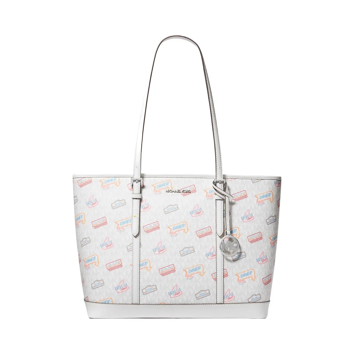 Michael Kors Jet Set Large Printed Signature Logo Tote Bag Optic White - HypeFly India View 1