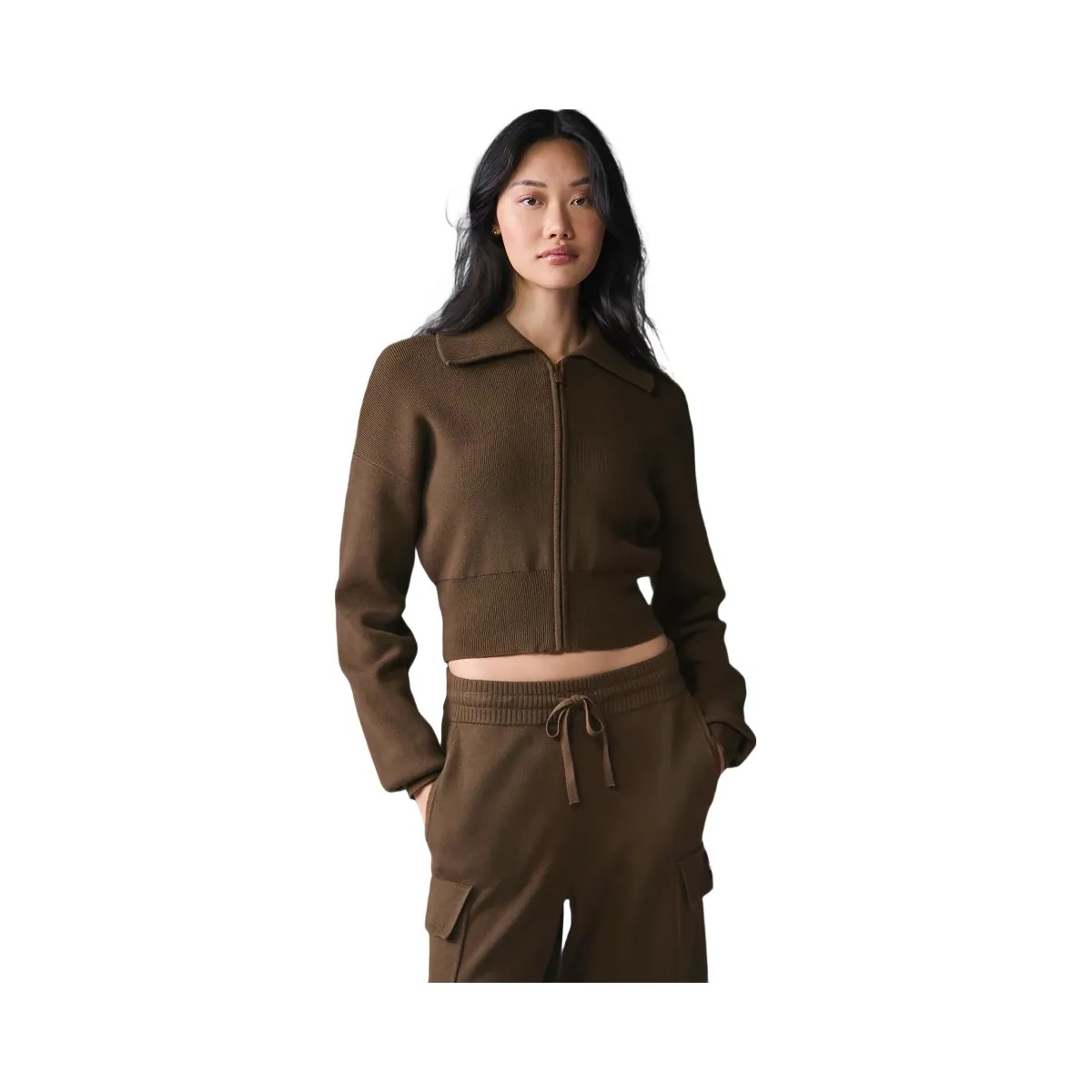 Alo Women's Scholar Knit Cropped Full Zip Jacket - Espresso - HypeFly India View 1