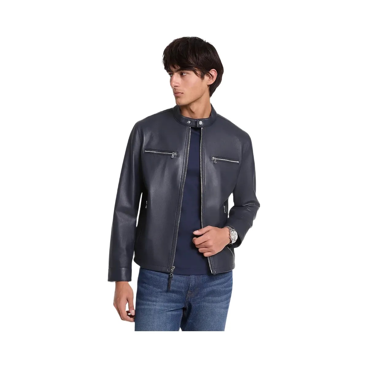 Michael Kors Leather Moto Jacket Midnight - HypeFly India View 1
