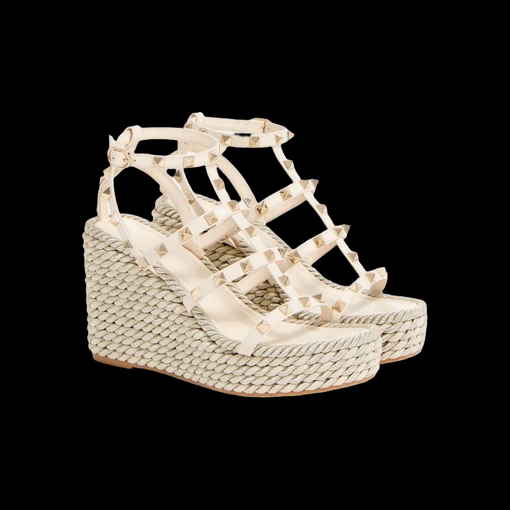 Valentino Rockstud Calfskin Wedge Sandal With Straps 95mm Light Ivory - HypeFly India View 3
