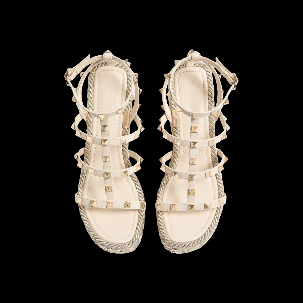 Valentino Rockstud Calfskin Wedge Sandal With Straps 95mm Light Ivory - HypeFly India View 2