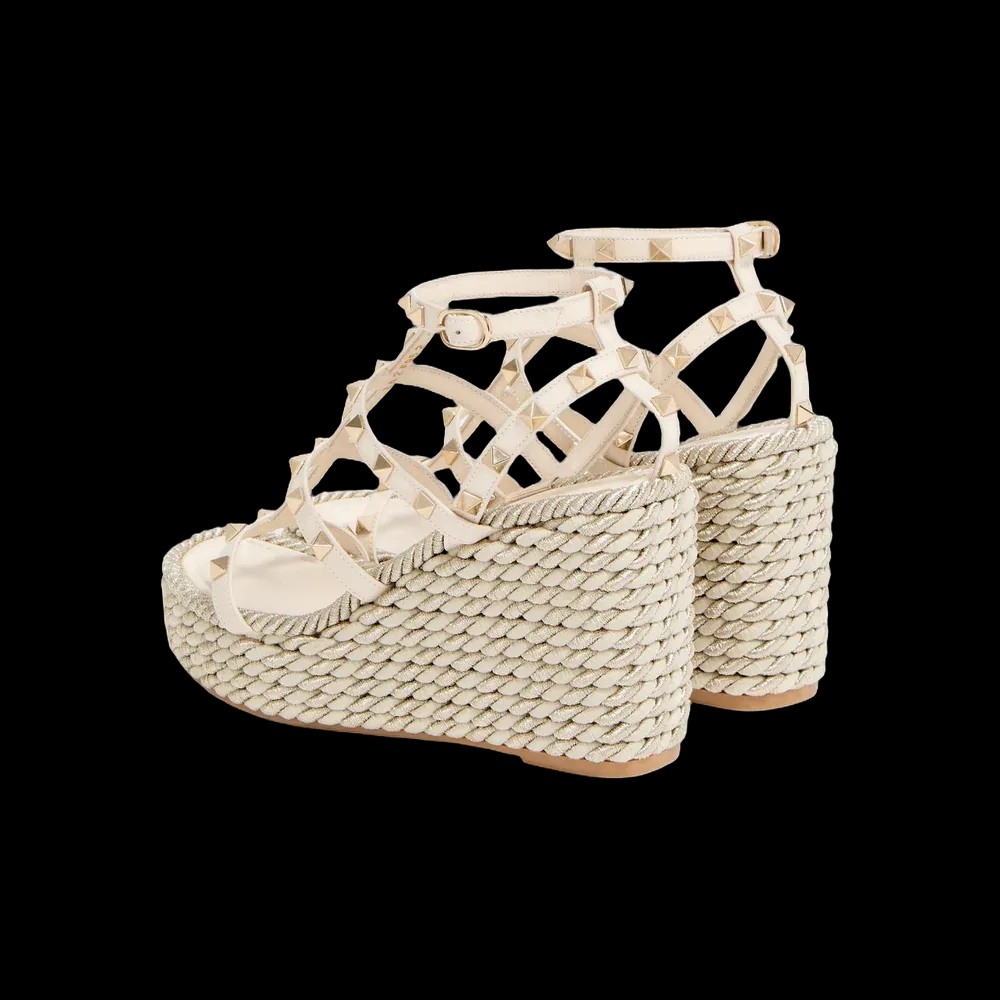 Valentino Rockstud Calfskin Wedge Sandal With Straps 95mm Light Ivory - HypeFly India View 5