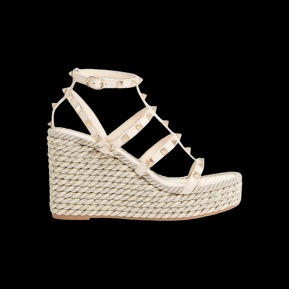 Valentino Rockstud Calfskin Wedge Sandal With Straps 95mm Light Ivory - HypeFly India View 1