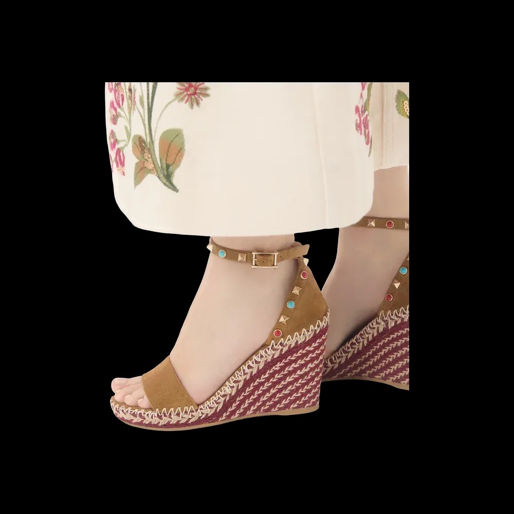 Valentino Rockstud Double Wedge Sandal In Split Leather With Cabochon Stones 105mm Havana Beige - HypeFly India View 4