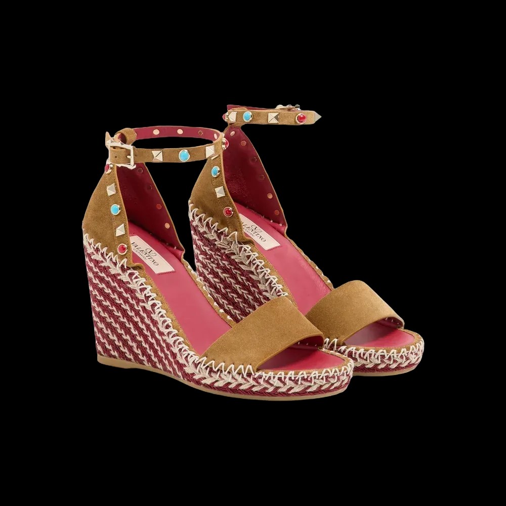 Valentino Rockstud Double Wedge Sandal In Split Leather With Cabochon Stones 105mm Havana Beige - HypeFly India View 3