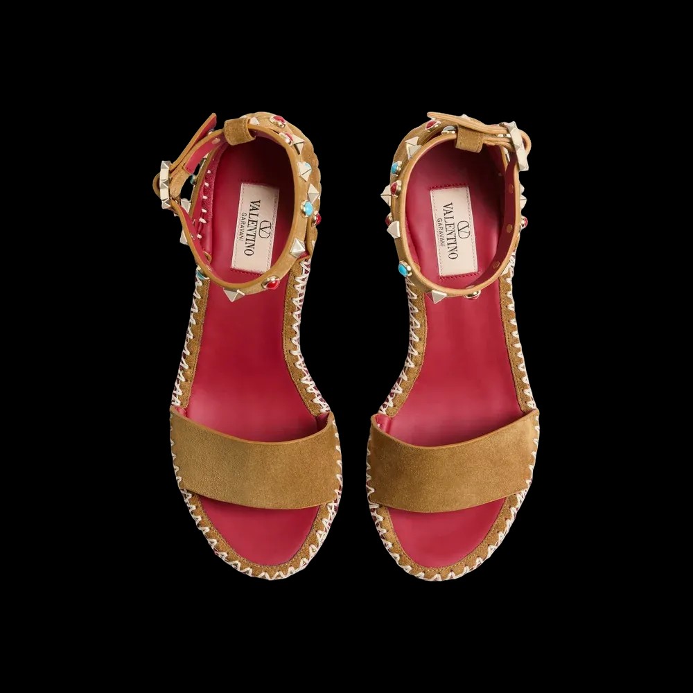 Valentino Rockstud Double Wedge Sandal In Split Leather With Cabochon Stones 105mm Havana Beige - HypeFly India View 2