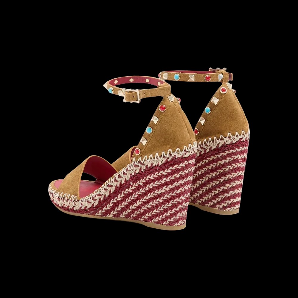 Valentino Rockstud Double Wedge Sandal In Split Leather With Cabochon Stones 105mm Havana Beige - HypeFly India View 5