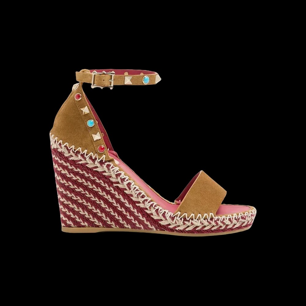 Valentino Rockstud Double Wedge Sandal In Split Leather With Cabochon Stones 105mm Havana Beige - HypeFly India View 1
