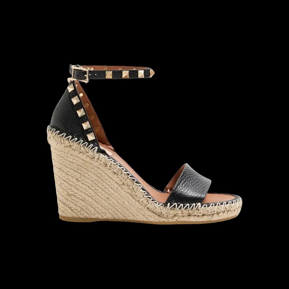 Valentino Double Rockstud Grainy Calfskin Wedge Sandal 105mm Black - HypeFly India View 1