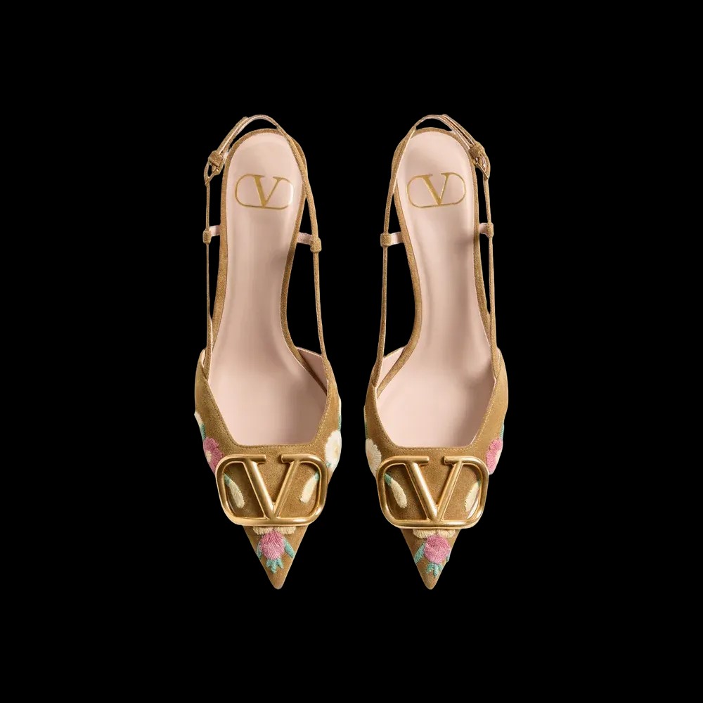 Valentino VLogo Signature Slingback Pump In Crust Leather With Floral Embroidery 80mm Havana Beige - HypeFly India View 2