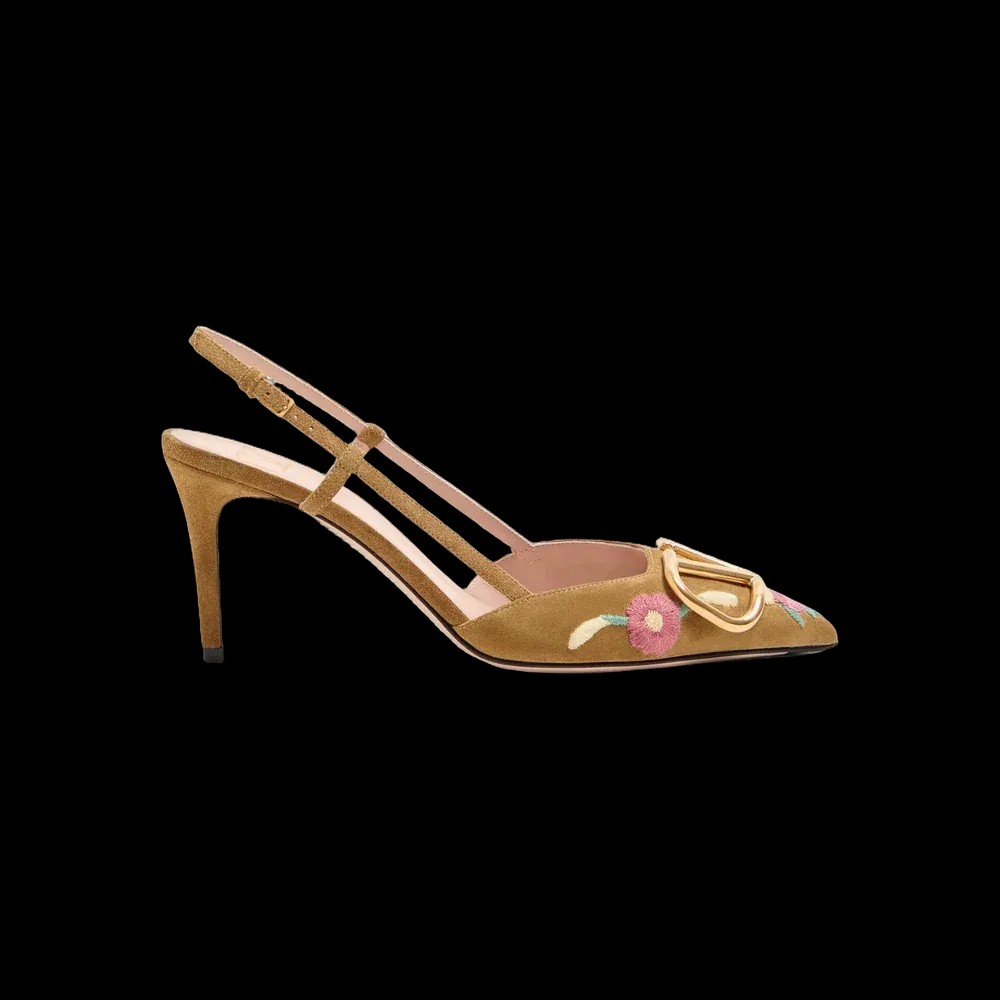 Valentino VLogo Signature Slingback Pump In Crust Leather With Floral Embroidery 80mm Havana Beige - HypeFly India View 1