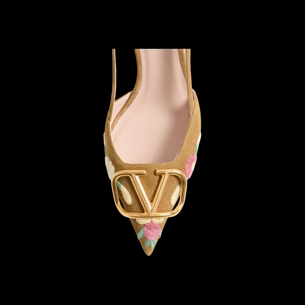 Valentino VLogo Signature Slingback Pump In Crust Leather With Floral Embroidery 80mm Havana Beige - HypeFly India View 4