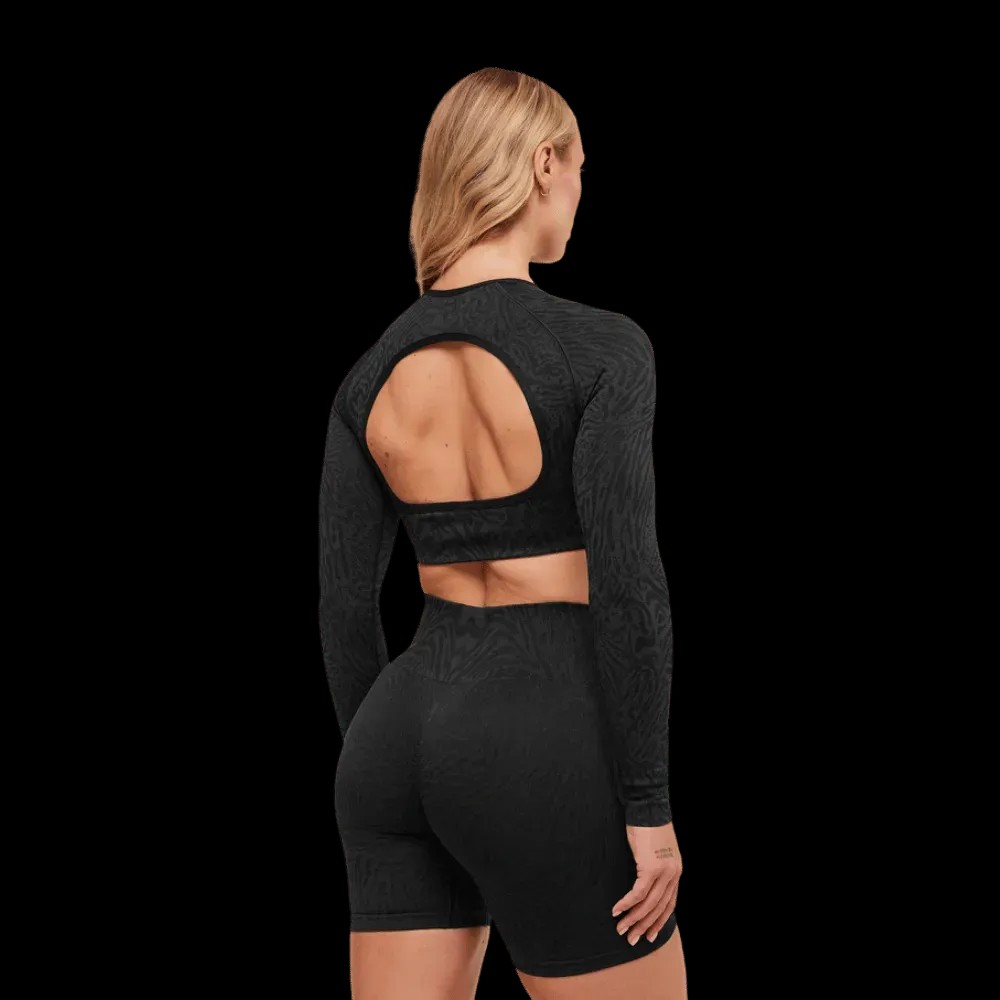 Gymshark Adapt Animal Long Sleeve Crop Top Black/Asphalt Grey - HypeFly India View 2