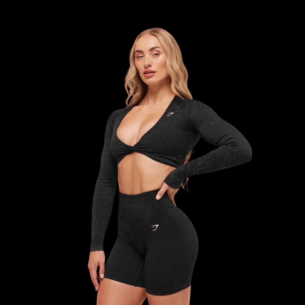 Gymshark Adapt Animal Long Sleeve Crop Top Black/Asphalt Grey - HypeFly India View 5
