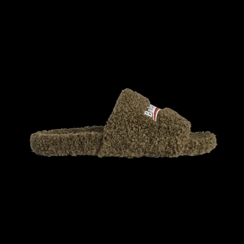 Balenciaga Furry Open Mule In Army Green - HypeFly India View 1