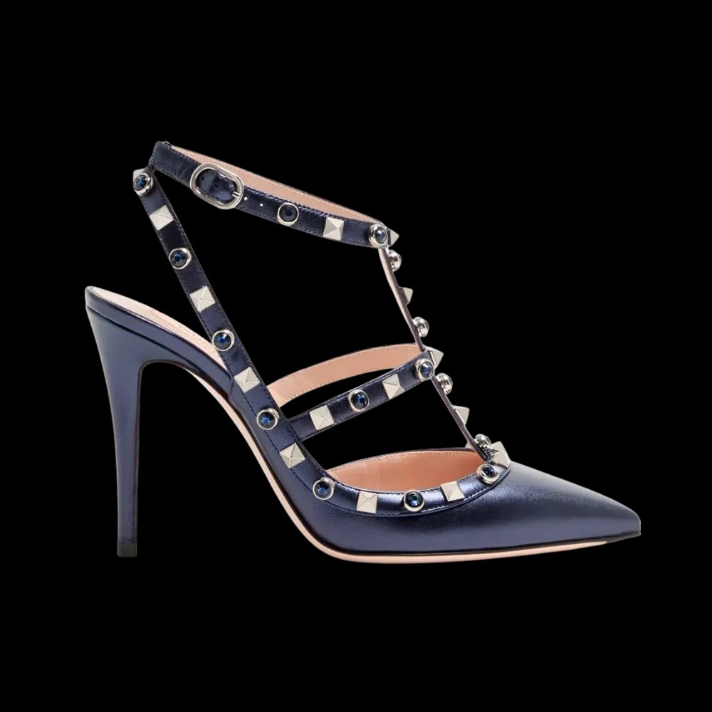 Valentino Rockstud Pumps In Laminated Nappa With Cabochon 100mm Navy - HypeFly India View 1