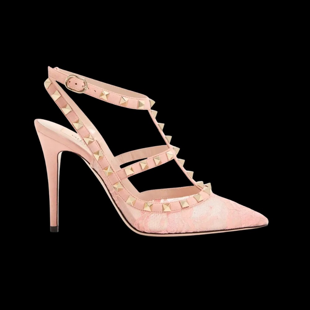 Valentino Rockstud Lace Pump With Straps 100mm Peach Rose - HypeFly India View 1
