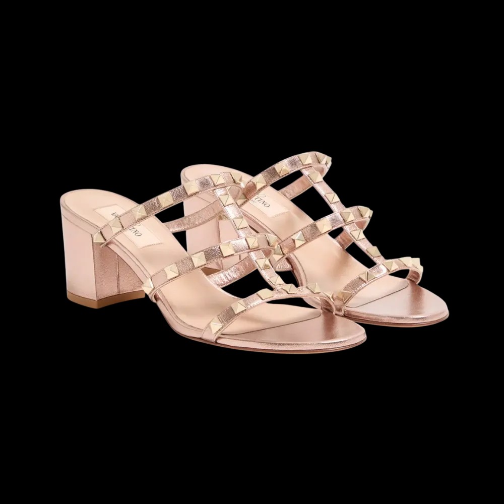 Valentino Rockstud Slide Sandal In Laminated Nappa Leather 60mm Rose Cannelle - HypeFly India View 3