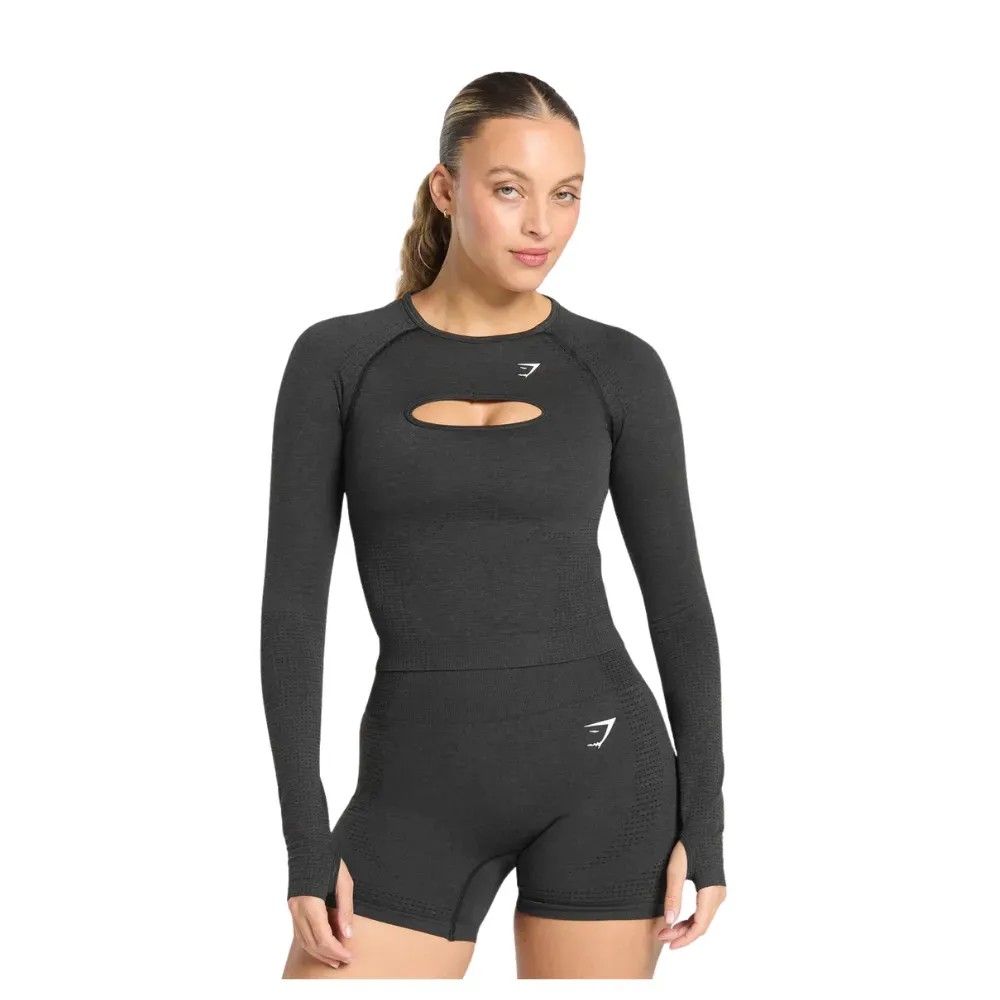 Gymshark Vital Long Sleeve Cut Out Top Black Marl - HypeFly India View 3