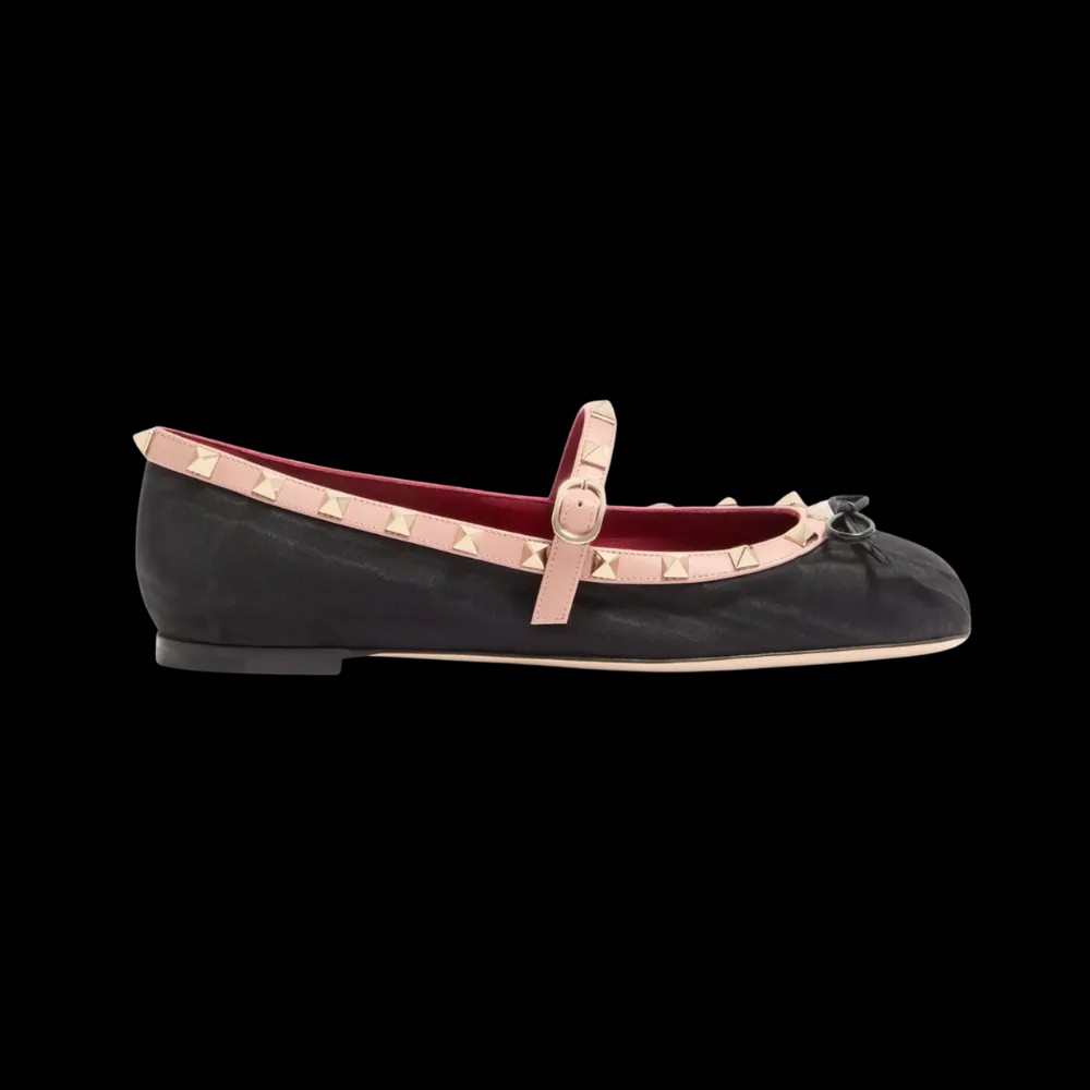 Valentino Mary-Jane Rockstud Ballerina In Moire Fabric 05mm Black - HypeFly India View 1