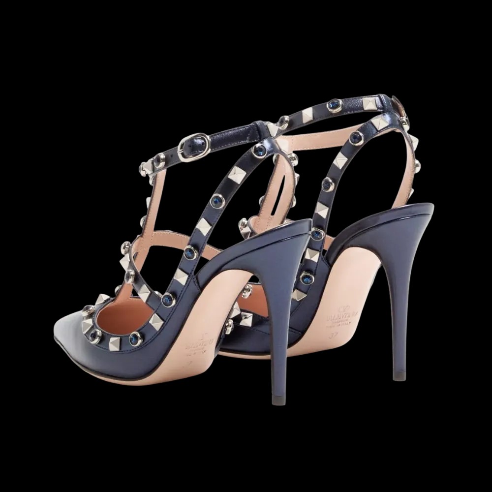 Valentino Rockstud Pumps In Laminated Nappa With Cabochon 100mm Navy - HypeFly India View 4