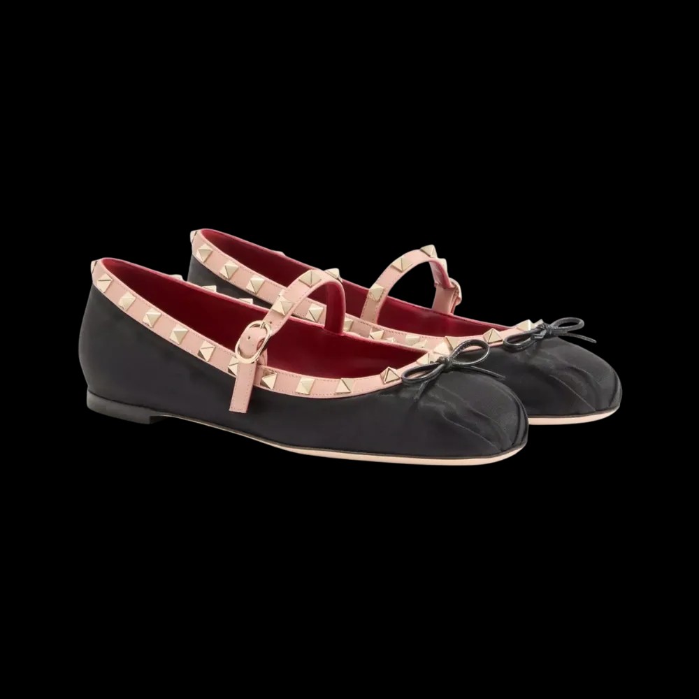 Valentino Mary-Jane Rockstud Ballerina In Moire Fabric 05mm Black - HypeFly India View 3
