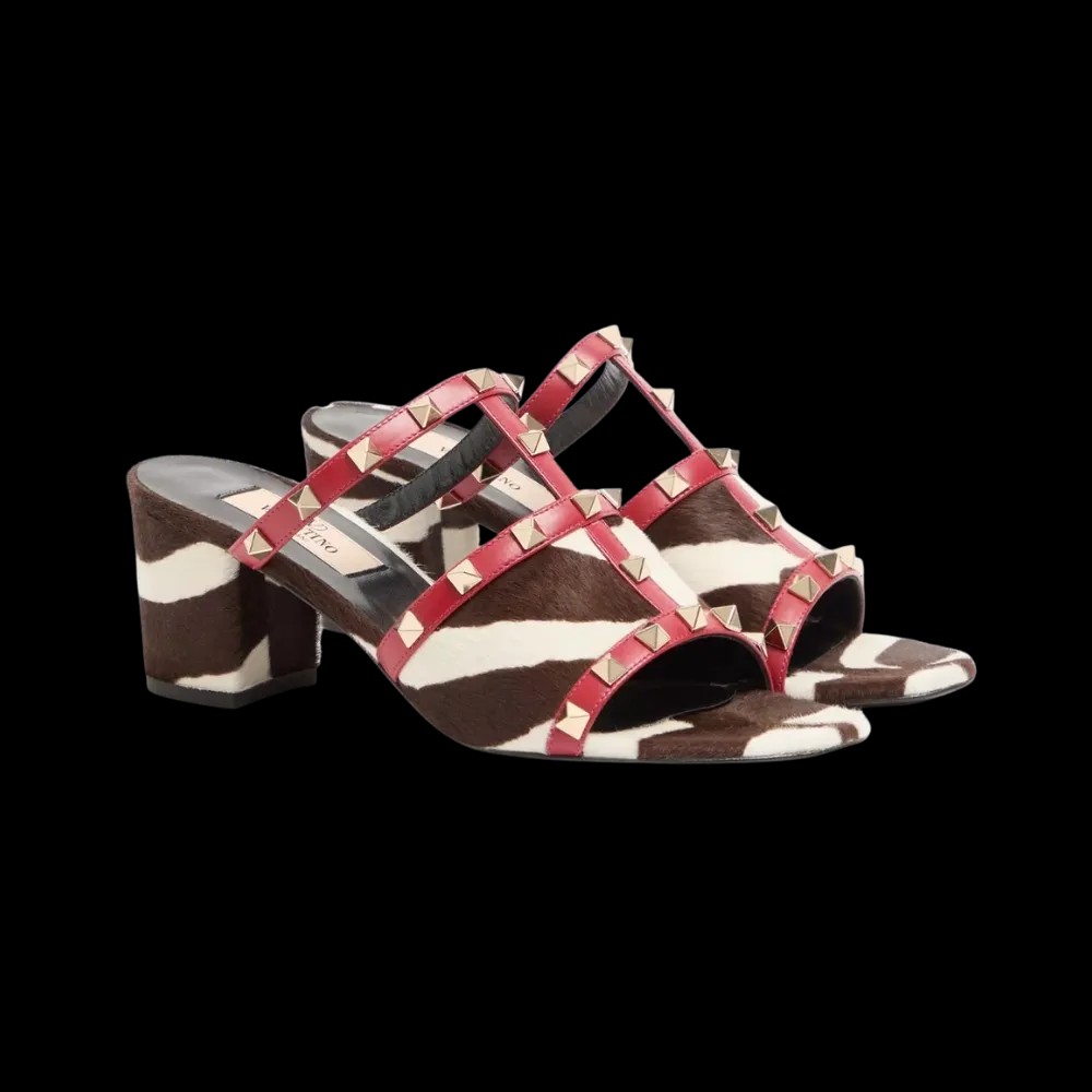Valentino Rockstud Slide Sandal In Pony-Effect Calfskin 60mm Marrone - HypeFly India View 3