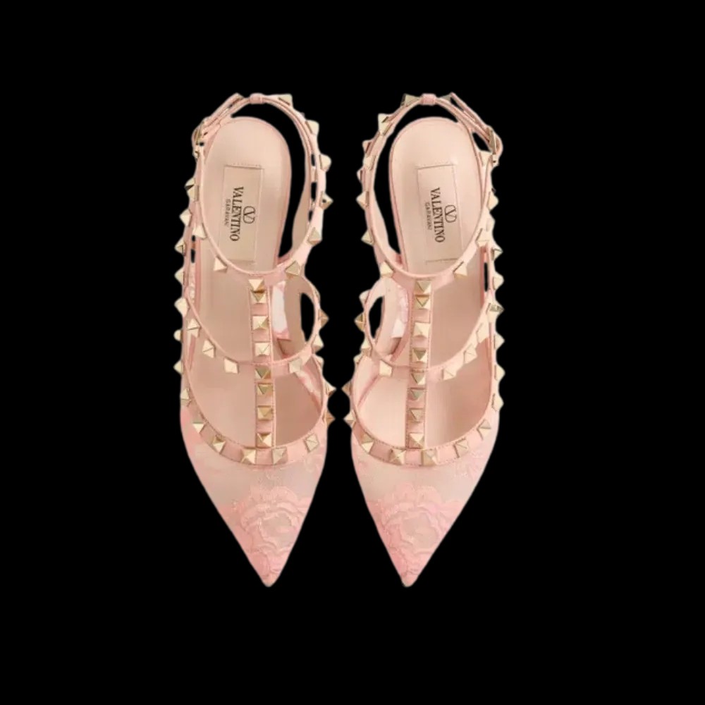 Valentino Rockstud Lace Pump With Straps 100mm Peach Rose - HypeFly India View 2