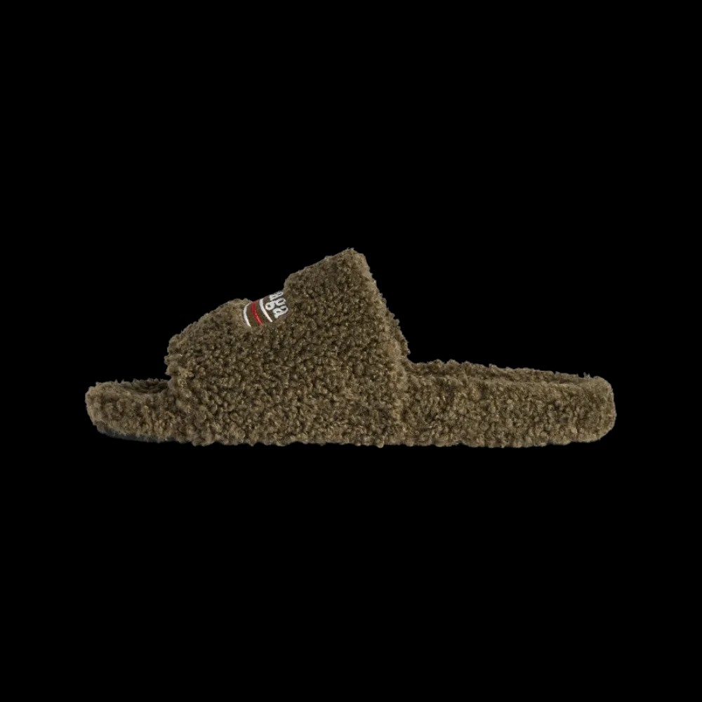 Balenciaga Furry Open Mule In Army Green - HypeFly India View 3