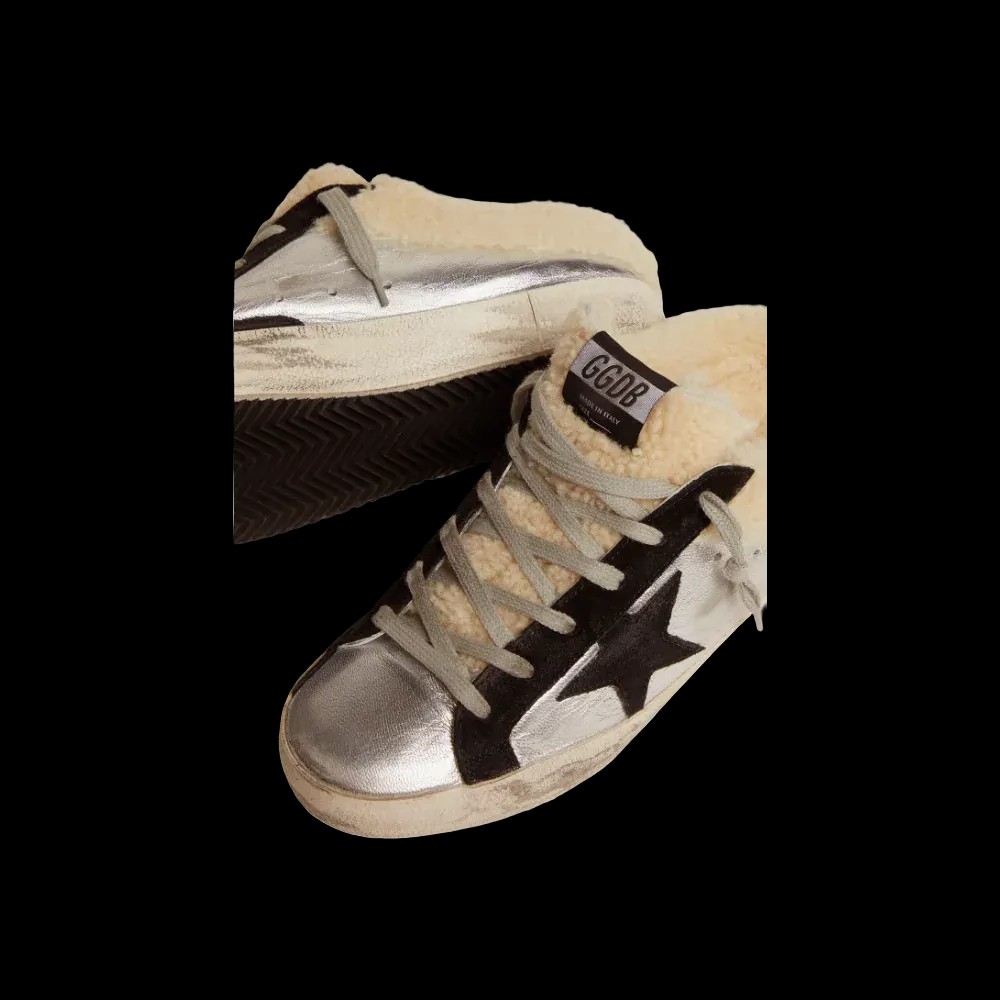 Golden Goose Super-Star Sabot In Silver Laminated Leather With Black Star - HypeFly India View 3