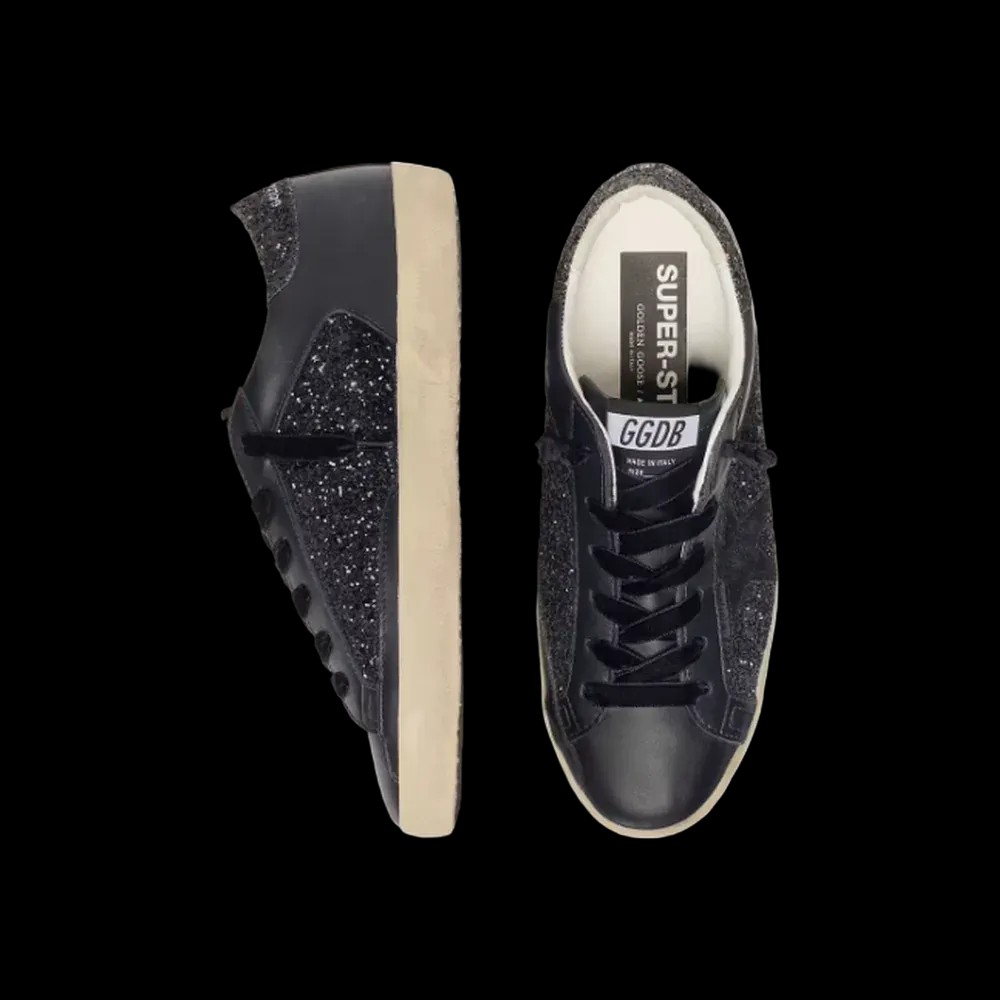 Golden Goose Super-Star In Black Glitter With Black Suede Star And Leather Inserts - HypeFly India View 3